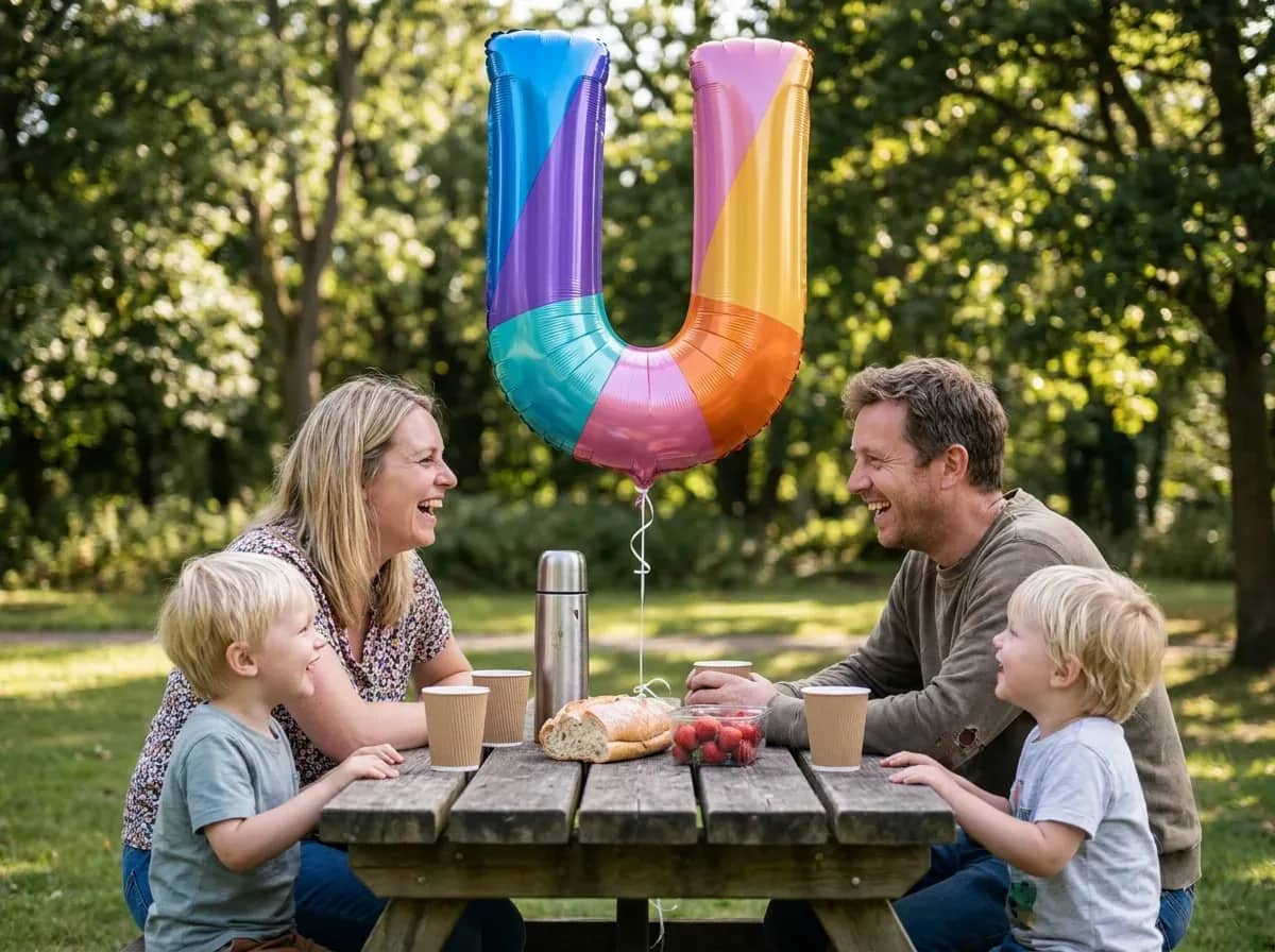 A mum, a dad and their two young sons laughing together around a wooden picnic table in a sunlit park, a large balloon shaped like the colourful UK Debt Centre 'U' mark tied to the table and floating above them.