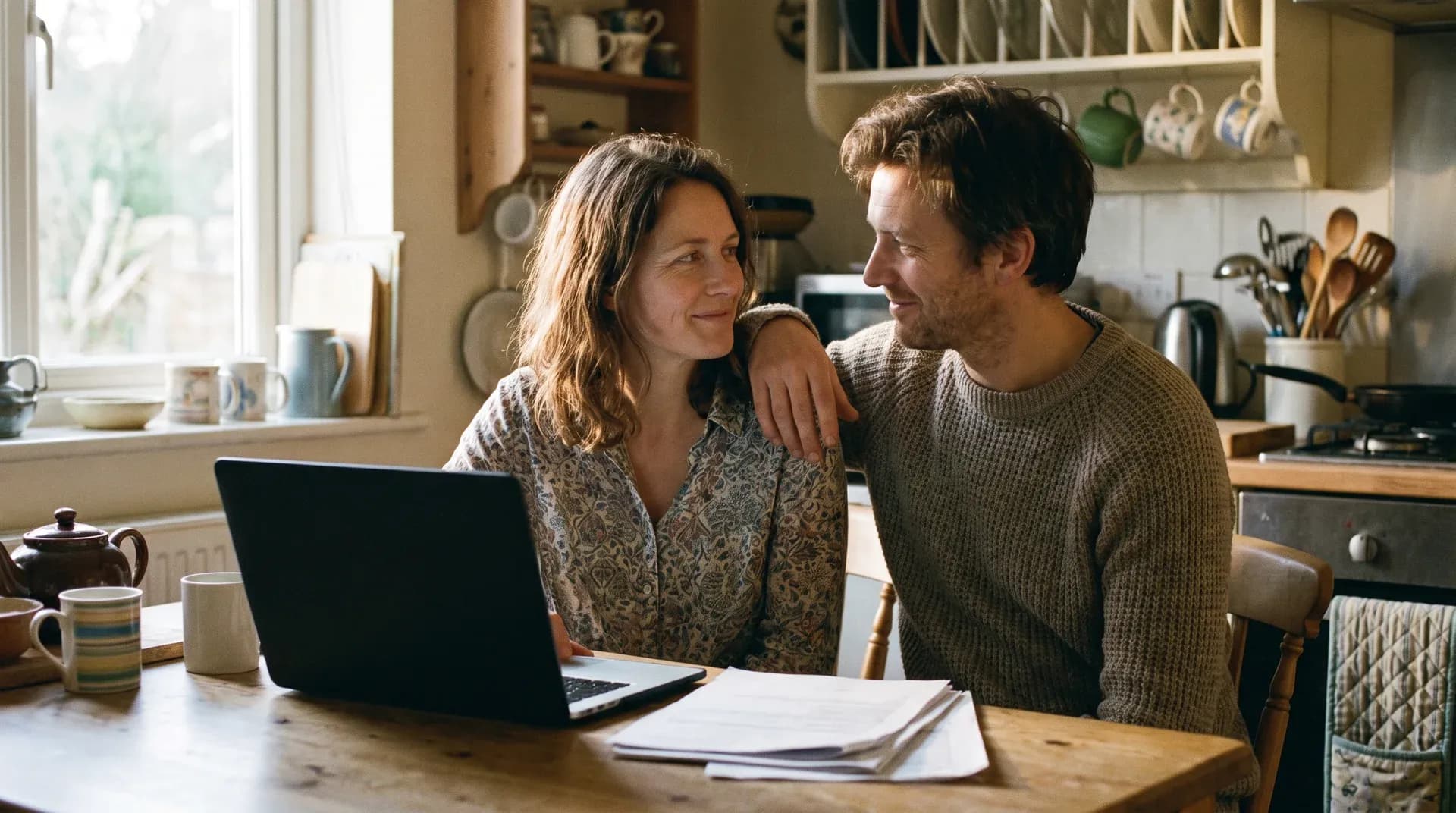 A couple sitting close together at their kitchen table with a laptop and a pile of paperwork, looking at each other with relief in the morning light.