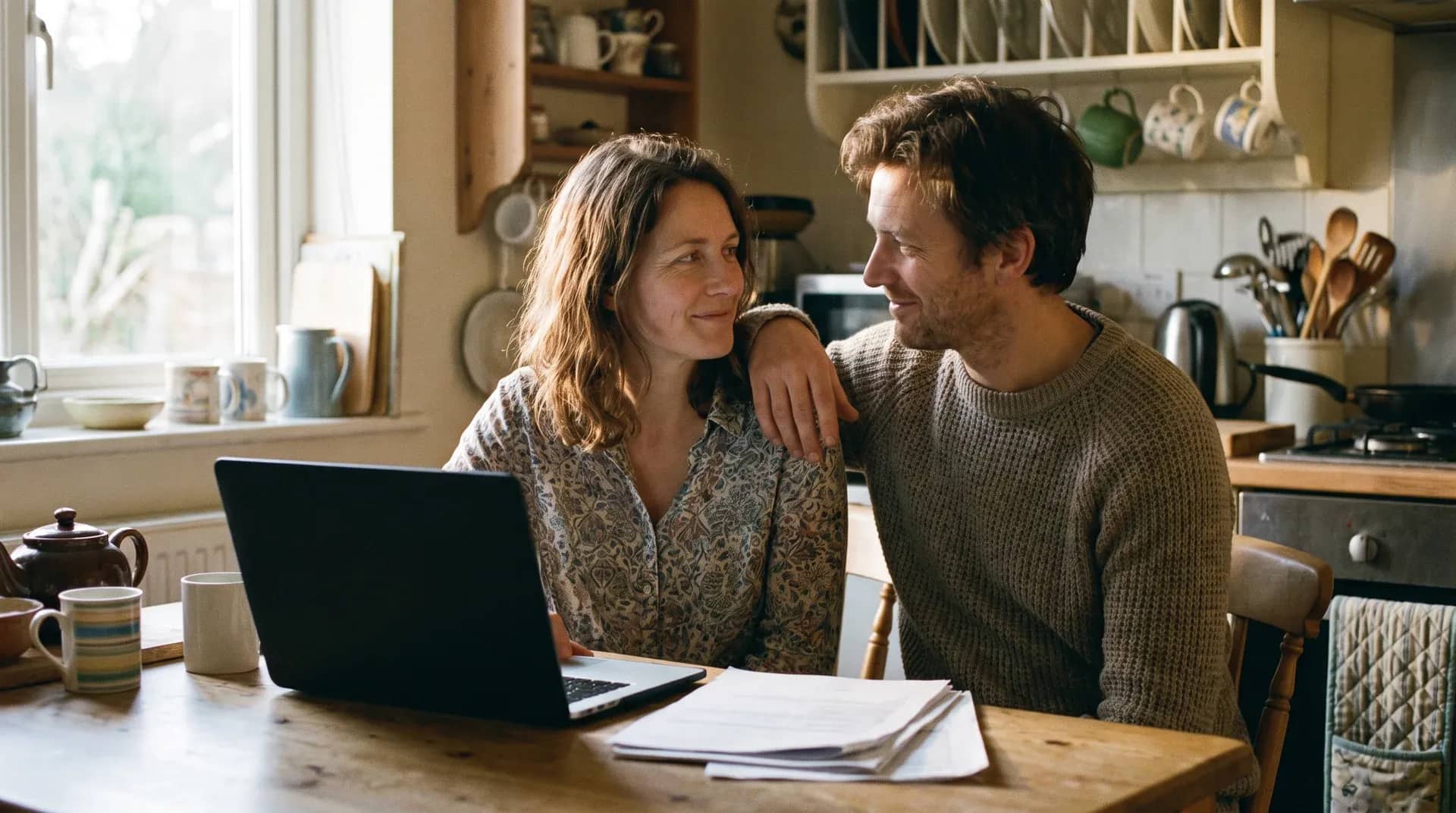 A couple sitting close together at their kitchen table with a laptop and a pile of paperwork, looking at each other with relief in the morning light.