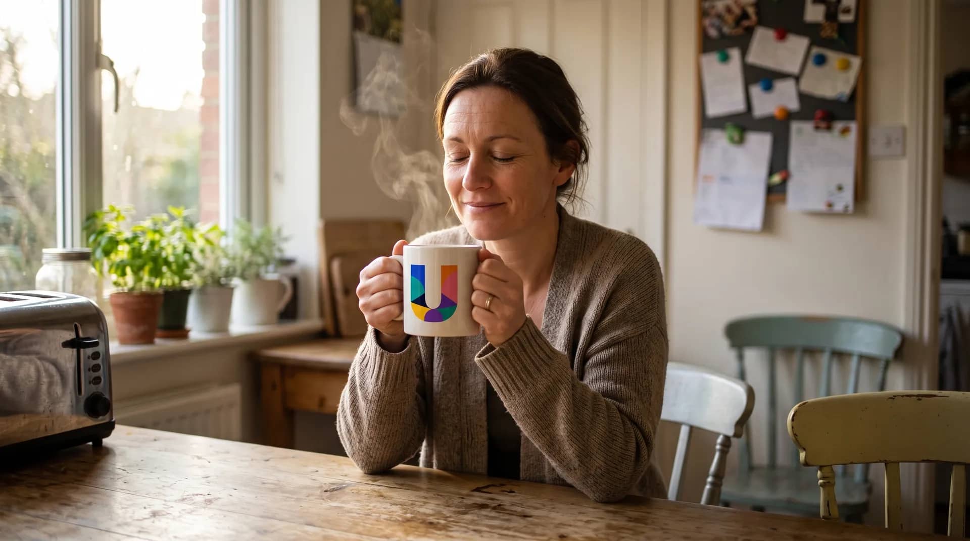 A woman in her forties at her kitchen table in the morning light, both hands wrapped around a large ceramic mug printed with the colourful geometric UK Debt Centre 'U' mark, eyes closed and smiling with quiet relief.