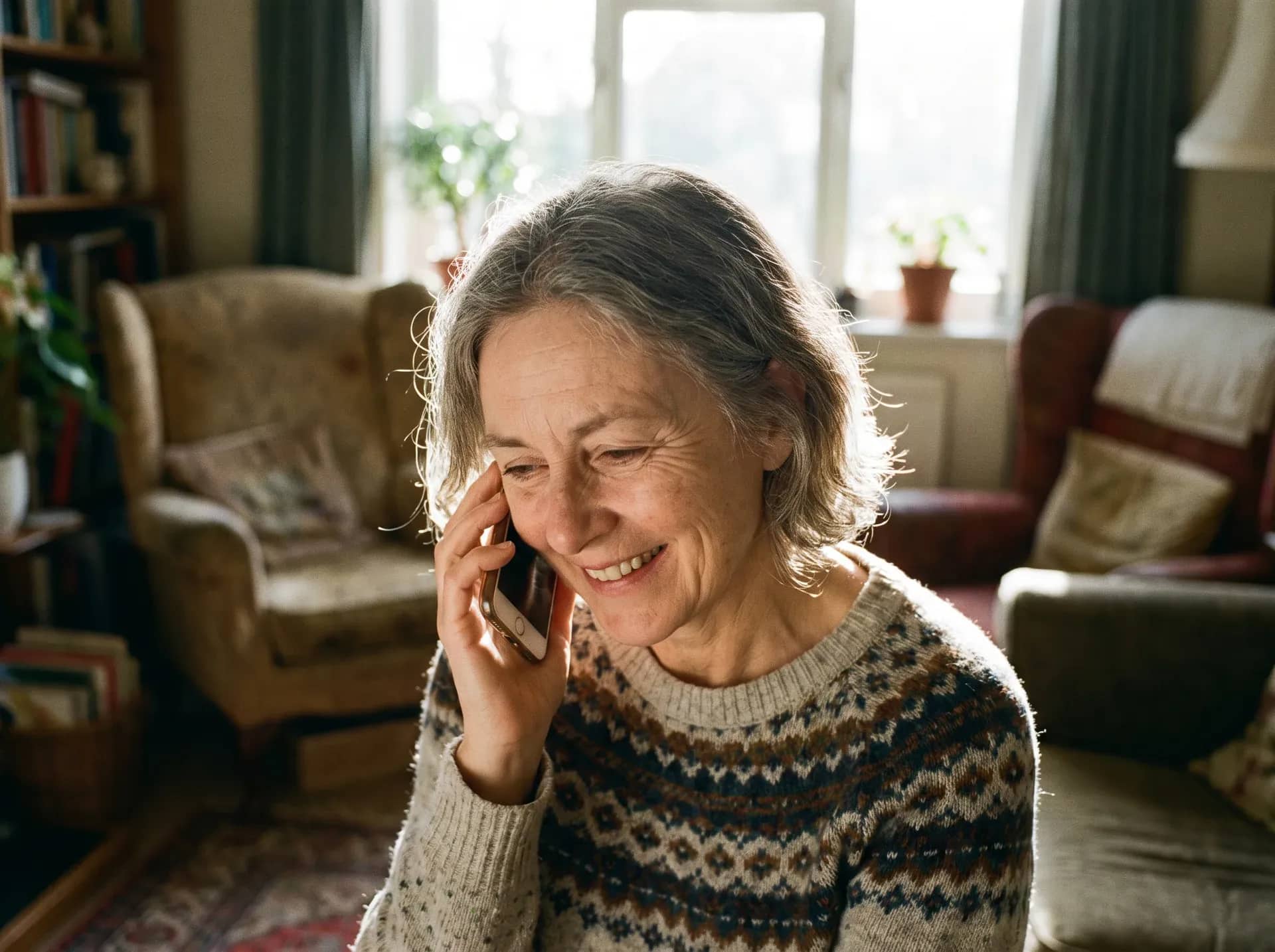 A woman in her fifties on the phone at home in her living room, smiling with relief at what she is hearing, sunlight coming through the window behind her.