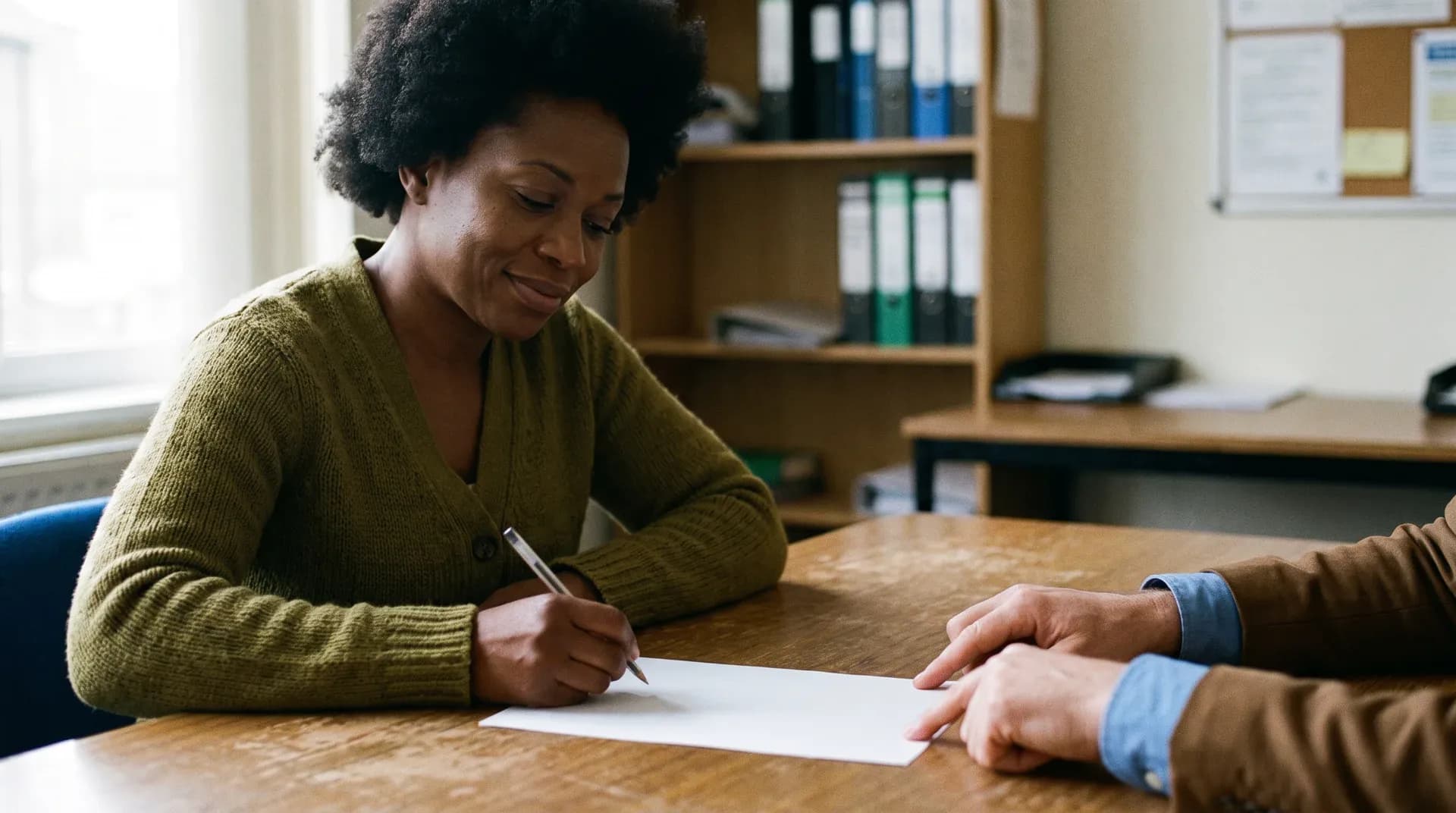 A woman in her forties signing a document at a table in an advice centre, unhurried and composed, while an adviser sitting opposite points to the place on the page.